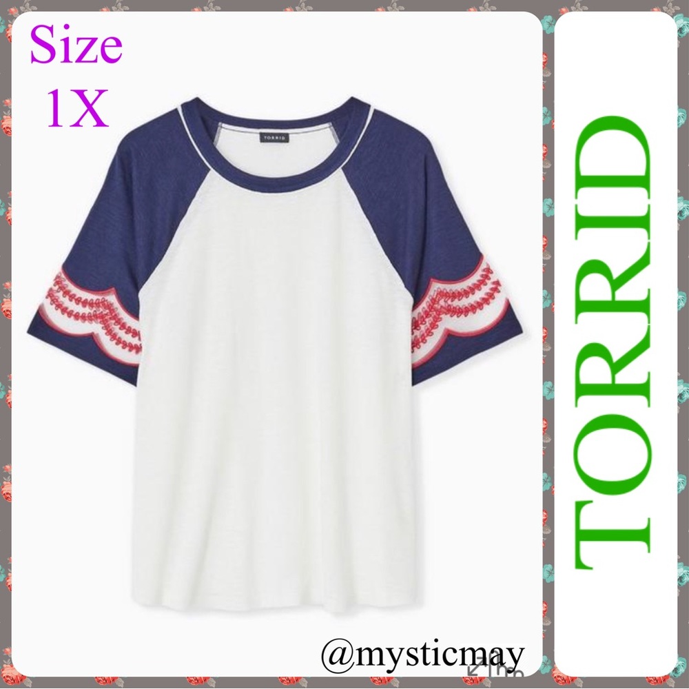 New TORRID Ivory & Navy Embroidered Sleeve Raglan Top Baseball Tee Plus Size 1X